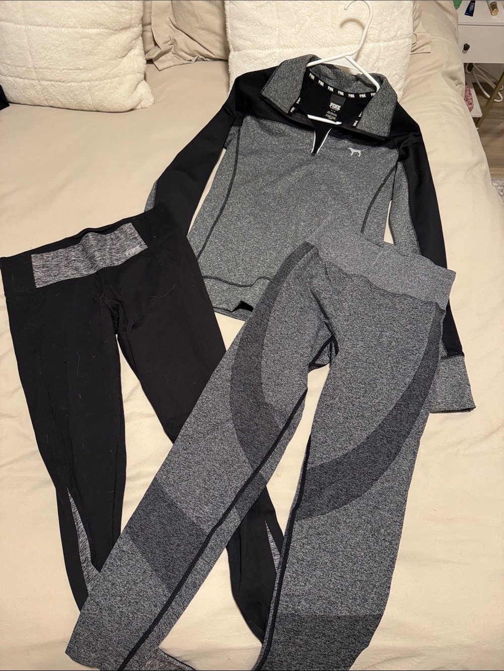 PINK Victoria's Secret Gray & Black Active Leggings and Zip Top Set